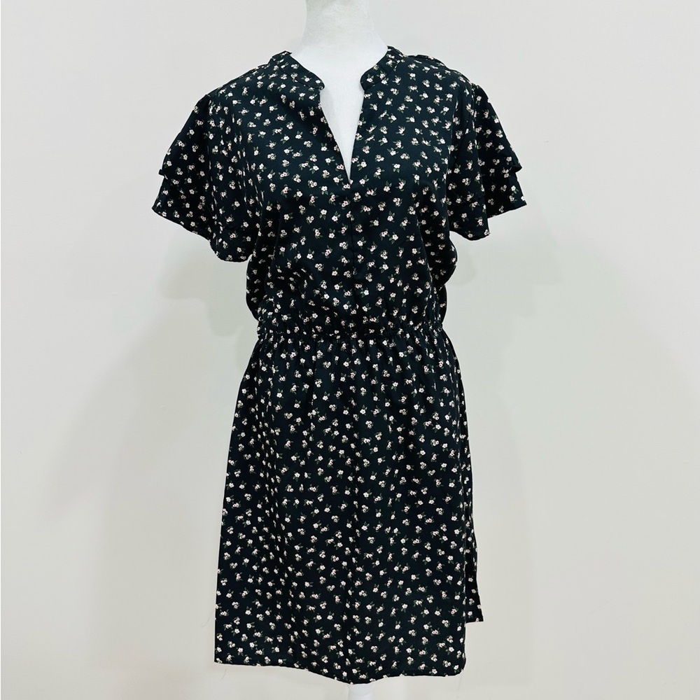 NWT Calliope Women’s Summer Dress‎ Black Floral Size L Elastic Waistband